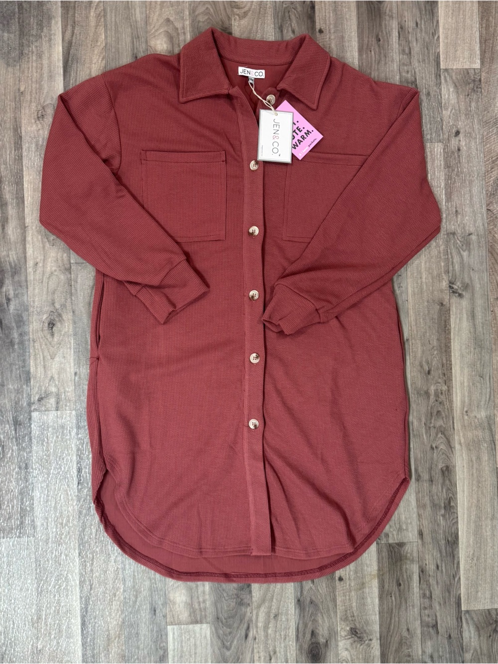 Jen & Co Waffle Knit Shirt Dress Mauve Button Front Long Sleeve S/M NWT